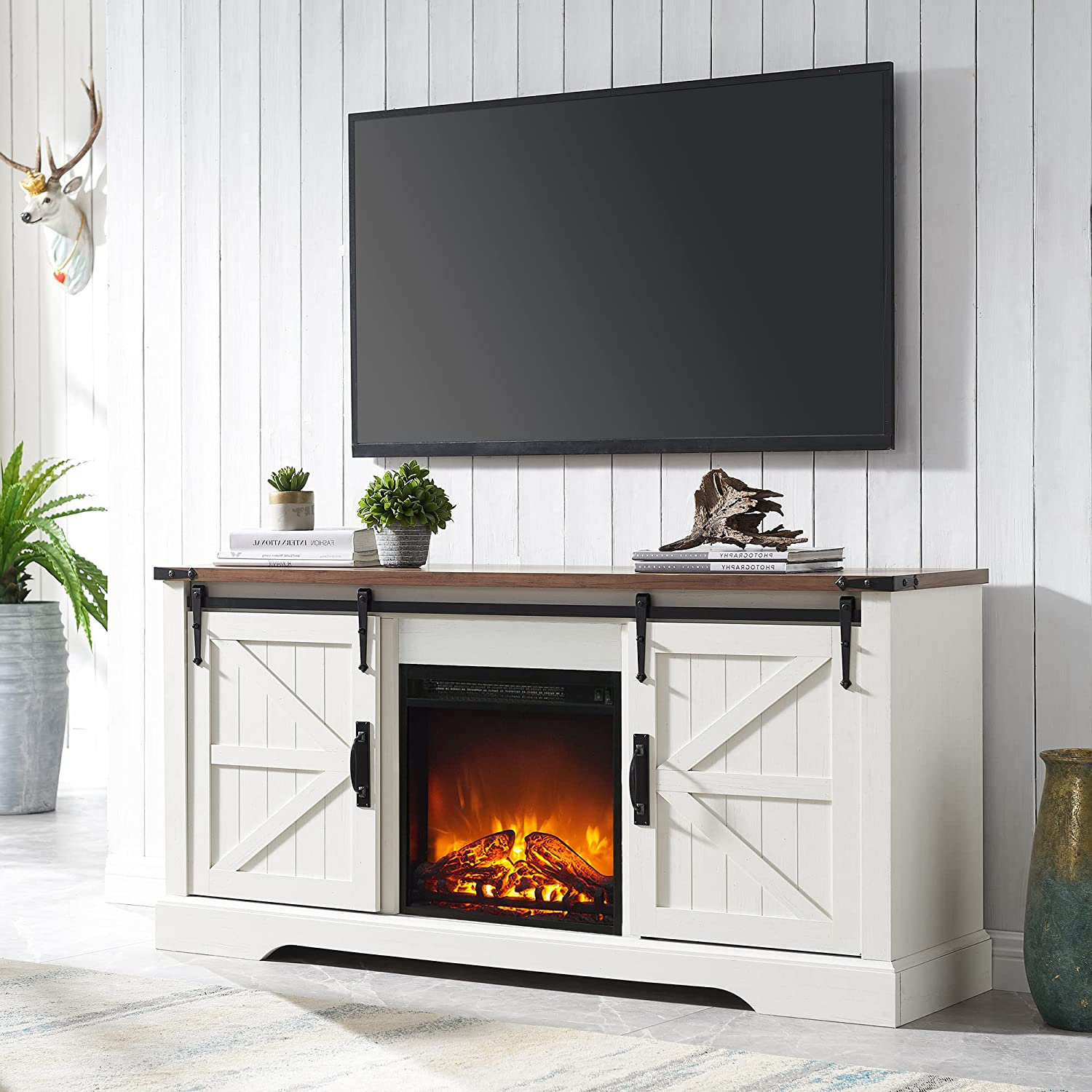 Gracie Oaks Hungerford Farmhouse TV Stand with 18" Electric Fireplace